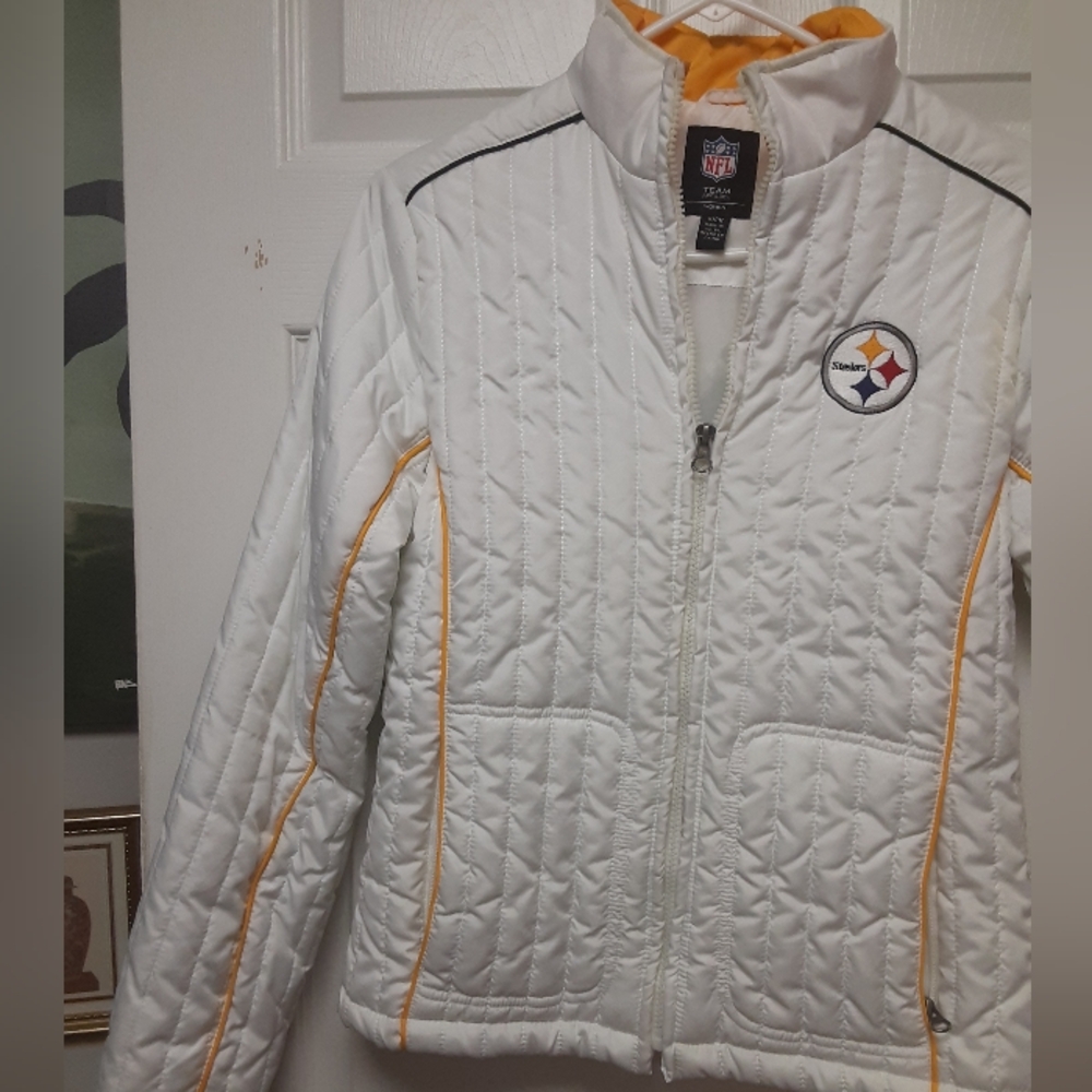 NFL Steelers Gold Embroidered White Puffer Zip Up Hoodless Quilted Winter Jacket